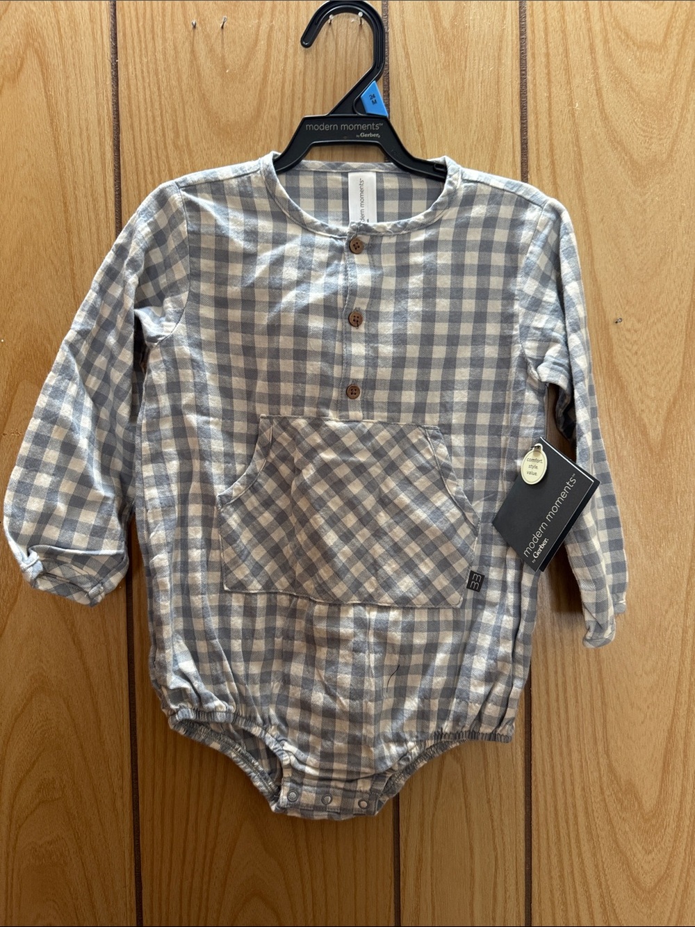 Gerber Blue and White Gingham Long-Sleeve One-Piece Bodysuit‎